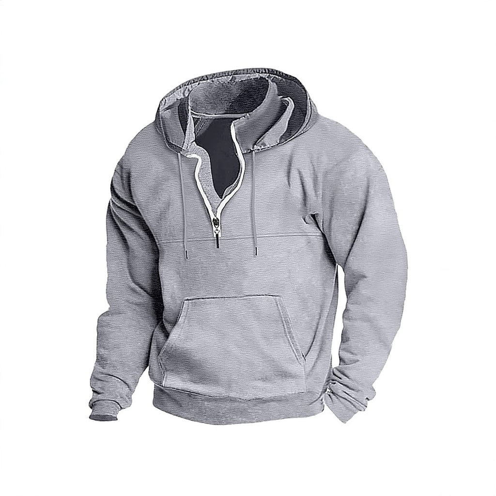 Moletom com capuz casual esportivo de cor sólida com meio zíper e modelo casual.