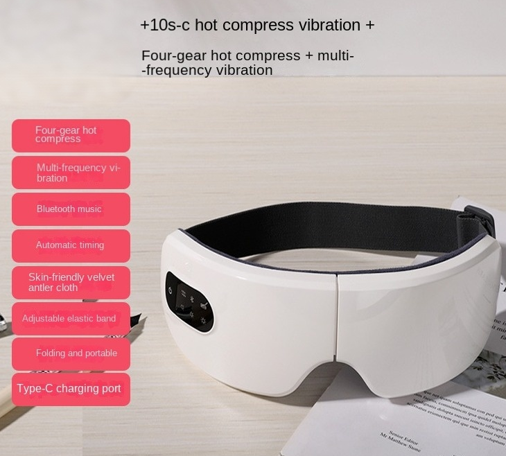 Aparelho de massagem ocular com terapia de calor e vibração, máscara ocular dobrável e recarregável para uso doméstico.