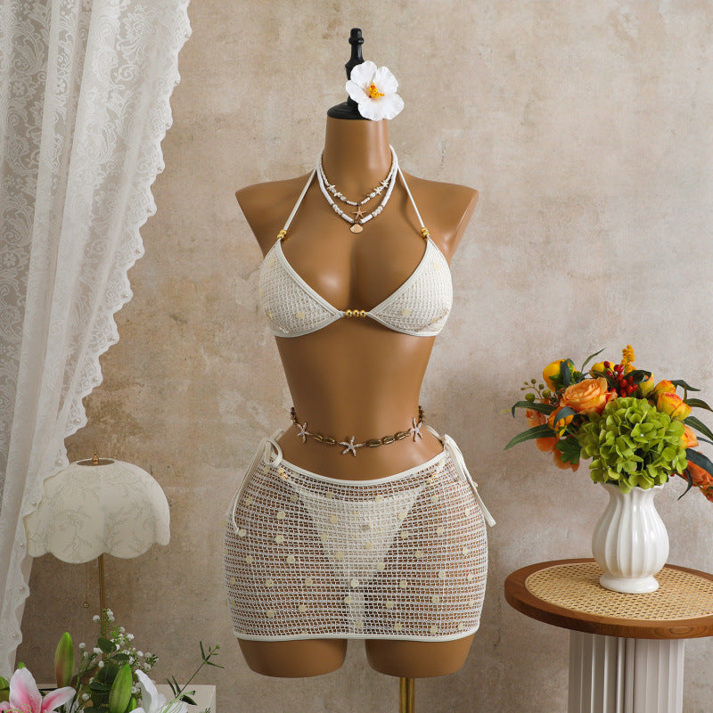Conjunto de biquíni de três peças em tela