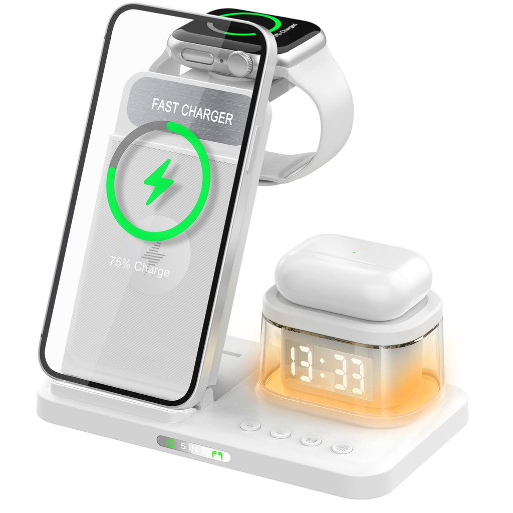 Carregamento rápido de 15W, carregamento sem fio, dobrável, cinco em um, estação de carregamento para celular sem fio, recarregável por cartão.