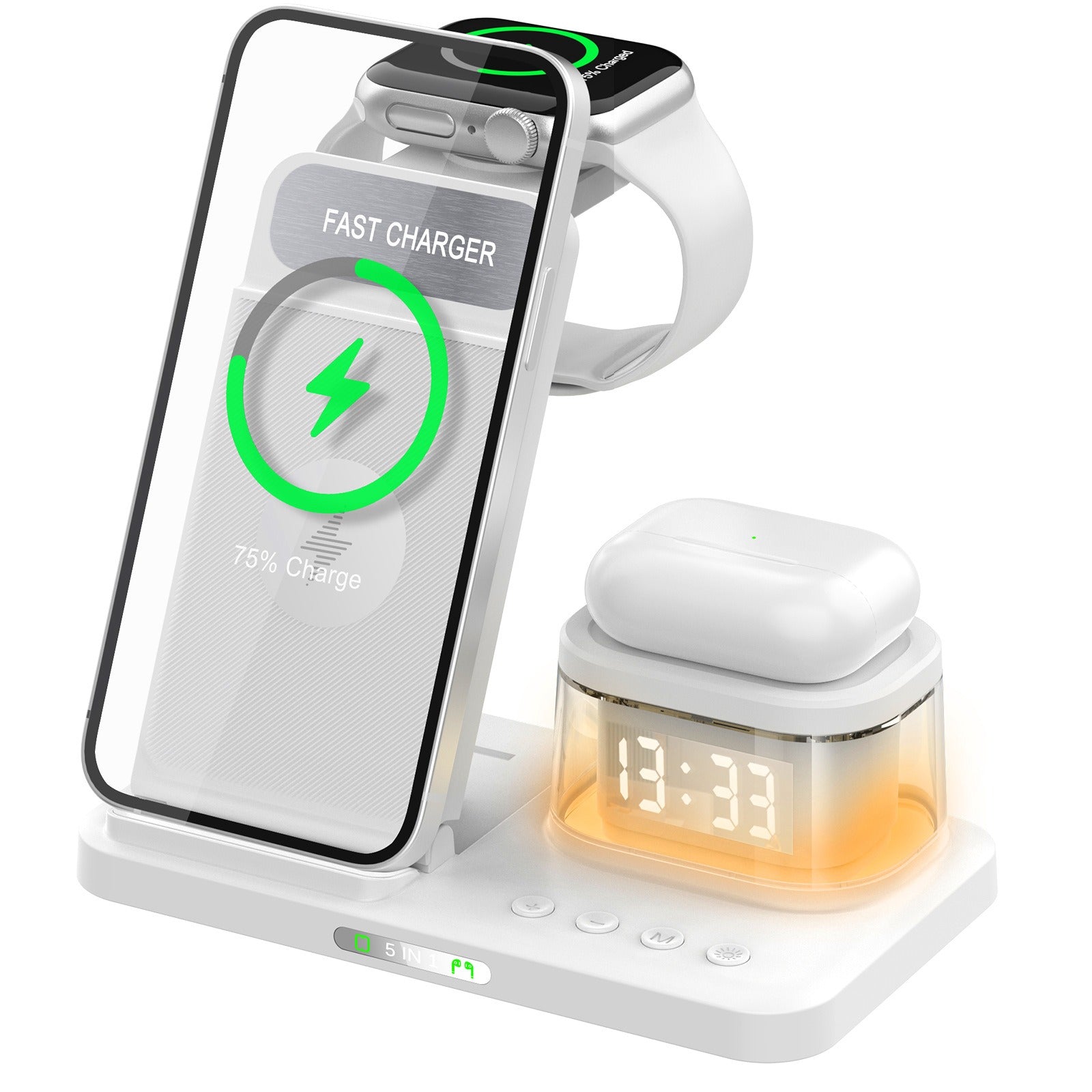 Carregamento rápido de 15W, carregamento sem fio, dobrável, cinco em um, estação de carregamento para celular sem fio, recarregável por cartão.