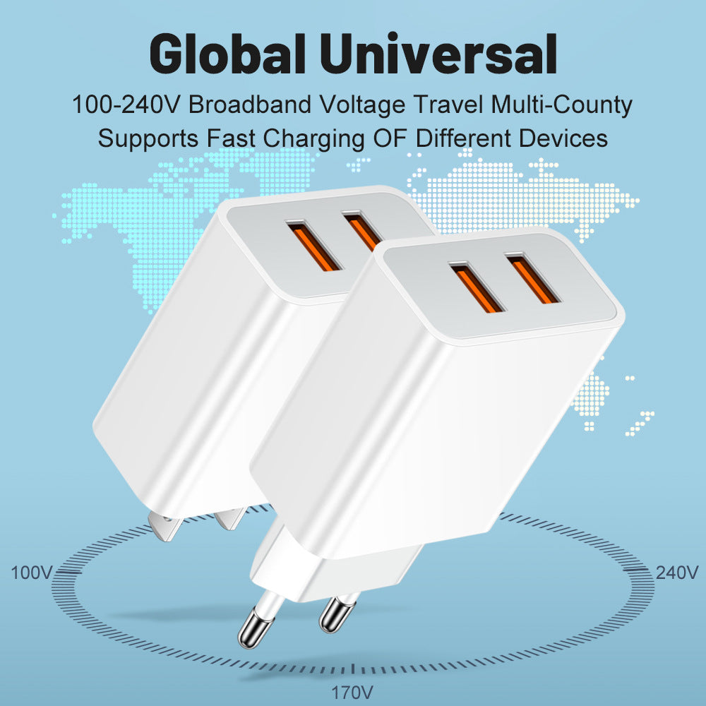 Carregador de celular USB duplo QC3.0 com adaptador de carregamento de 2,4 A e adaptador de viagem.