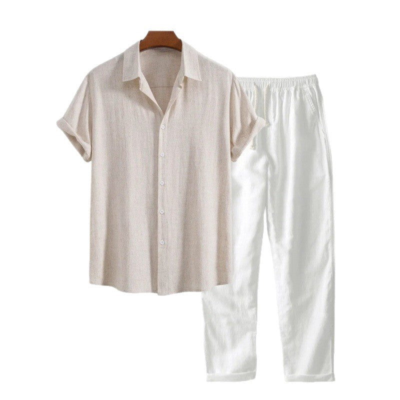Conjunto de terno masculino slim fit em linho e algodão com gola alta