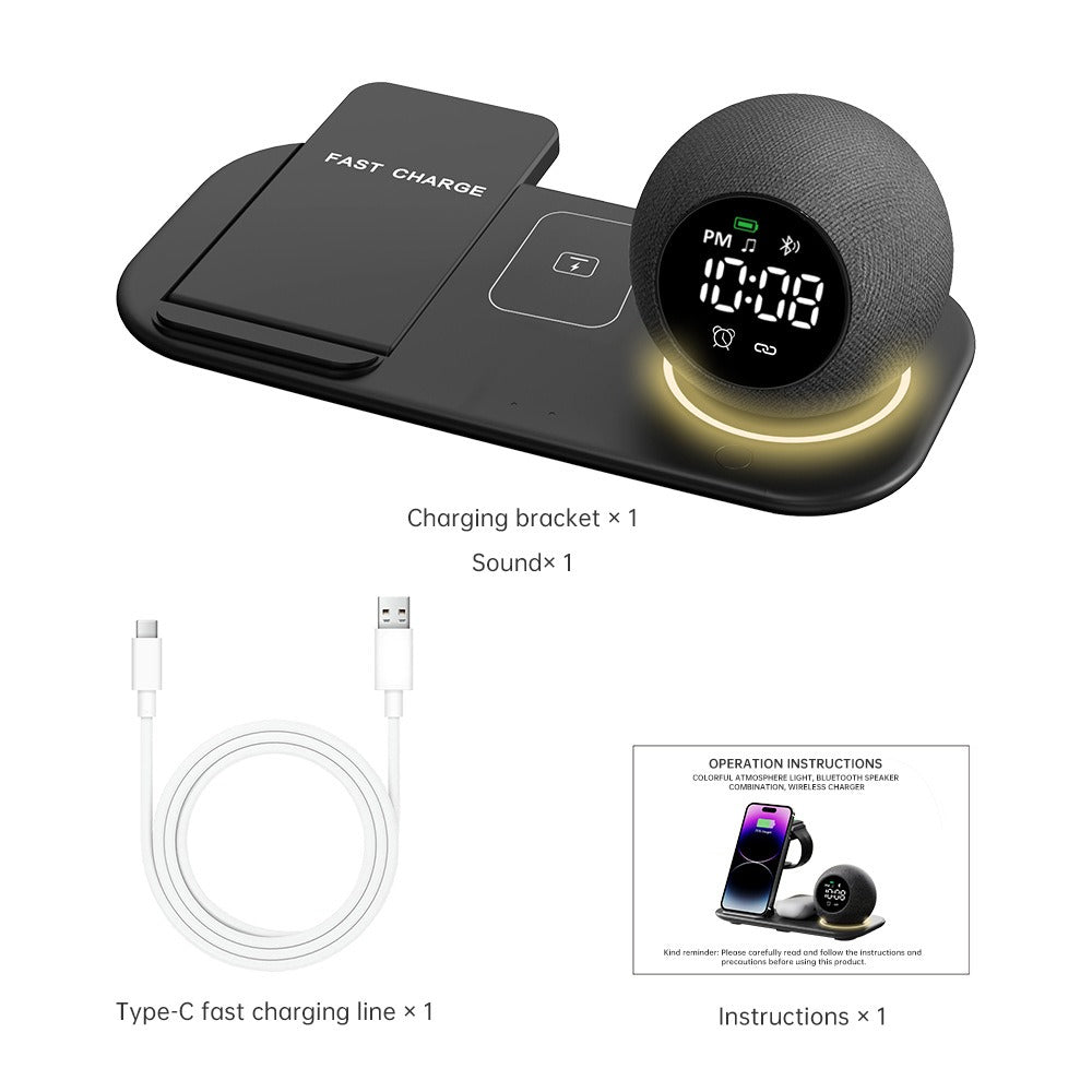 Relógio 6 em 1: celular, fones de ouvido, carregamento sem fio, alarme, alto-falante Bluetooth e luz noturna.
