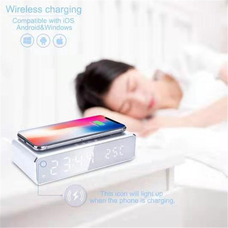 Despertador digital LED inteligente com carregamento sem fio e visor de temperatura multifuncional.
