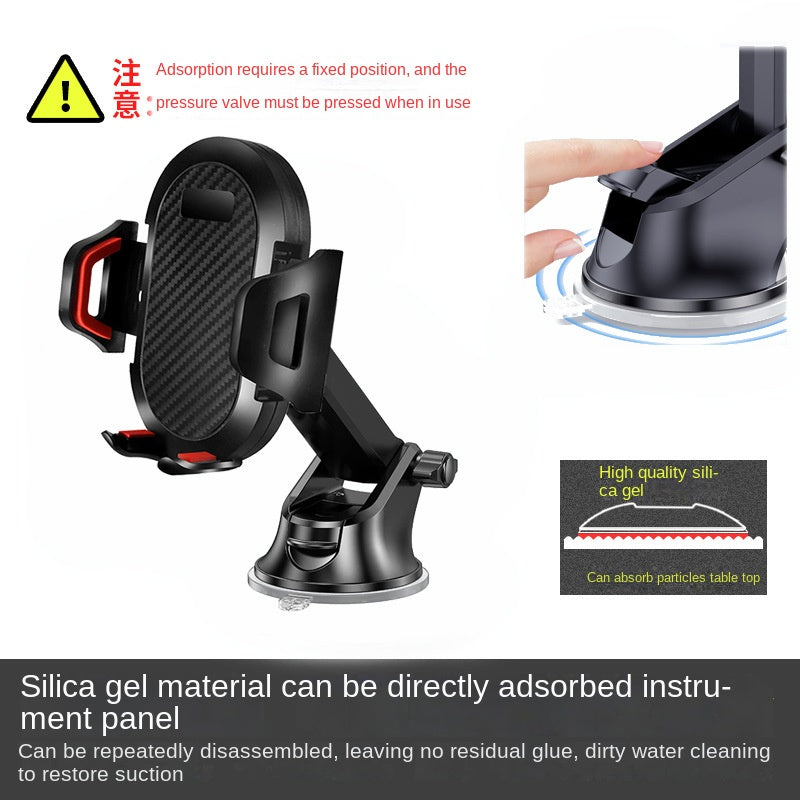 Suporte telescópico com ventosa para celular com trava automática e haste longa, ideal para saída de ar do carro e transmissões ao vivo.