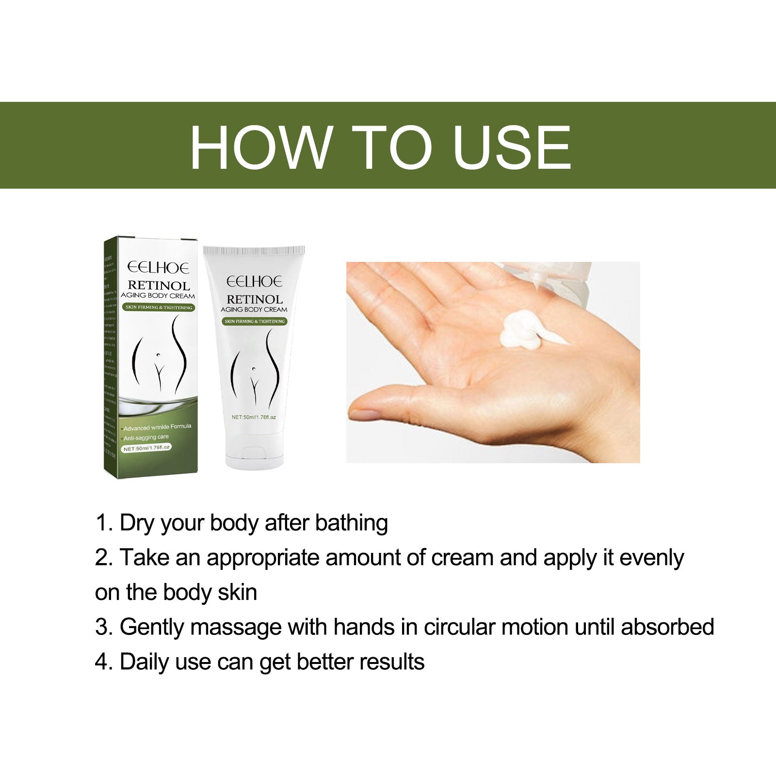 Creme Corporal com Retinol EELHOE: Tonifica, Hidrata, Ilumina, Clareia, Suaviza Linhas Finas e Proporciona Pele Macia.