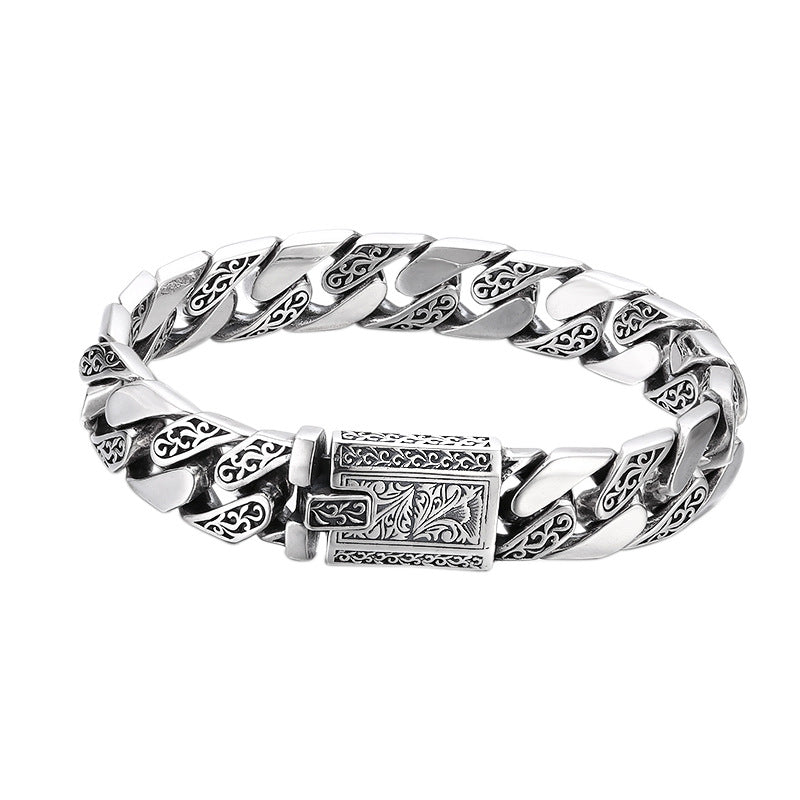 Pulseira masculina em prata 925 com padrão de elos cubanos, estilo vintage, em prata tailandesa oxidada.