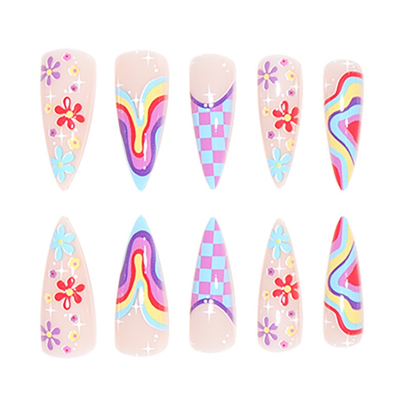 Unhas postiças europeias e americanas, multicoloridas, onduladas, com pequenas flores e estampa xadrez.