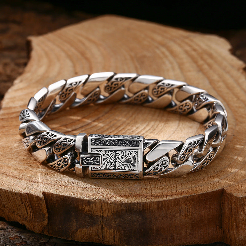 Pulseira masculina em prata 925 com padrão de elos cubanos, estilo vintage, em prata tailandesa oxidada.