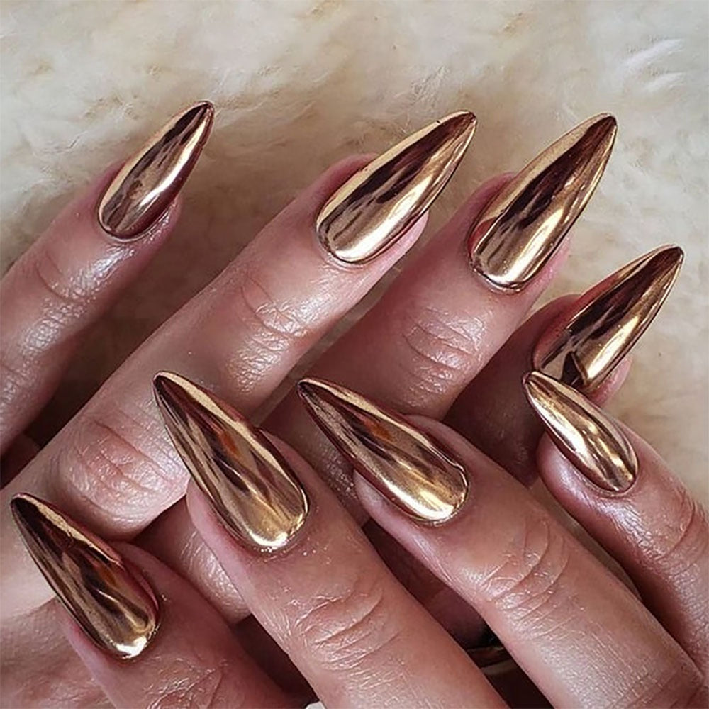 Unhas postiças removíveis estilo europeu e americano com acabamento eletroplástico bronze para manicure.