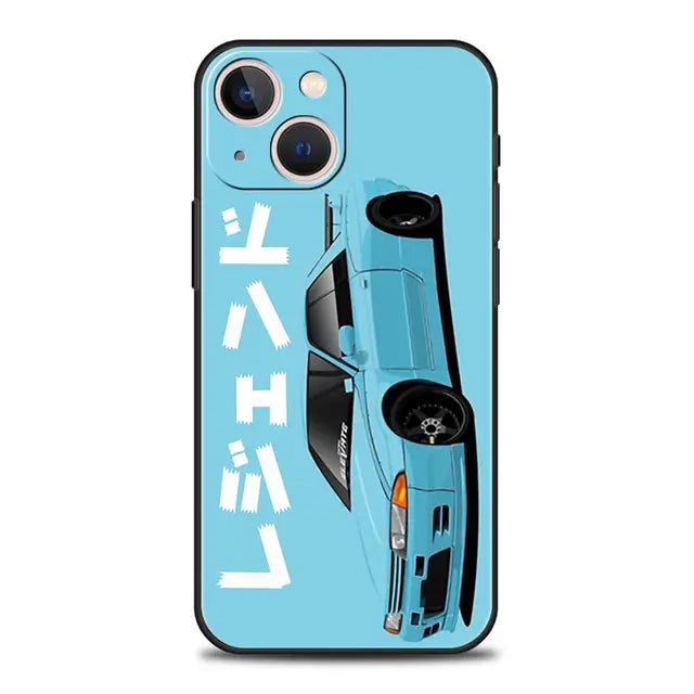 Capa de luxo para iPhone 11 12 13 15 14 Pro Max X XR XS 7 8 Plus SE 2020, preta, macia, inspirada em carros esportivos JDM Tokyo Drift.