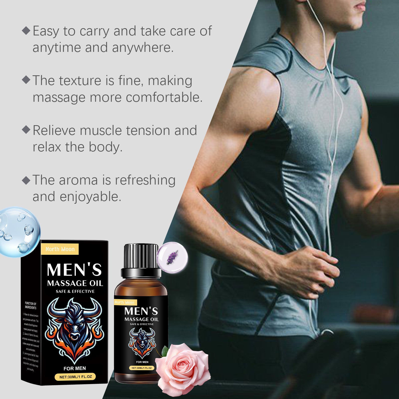 Óleo de Massagem Masculino North Moon, Hidratante Corporal Tópico para Cuidados com a Pele.