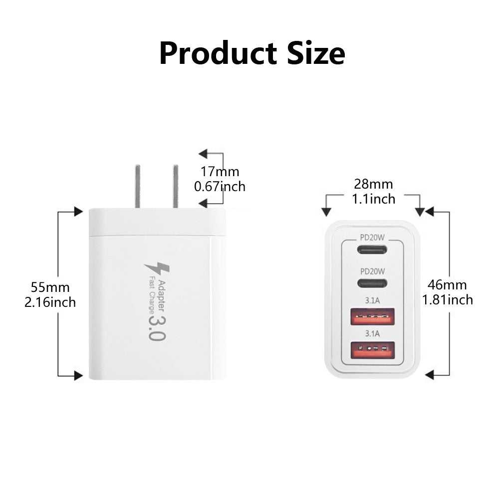 Adaptador de carregamento rápido com plugue americano, carregador duplo PD de 20 W/USB com múltiplas portas para iPhone 17/16.