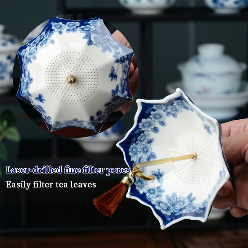 Infusor de chá em porcelana azul e branca em formato de guarda-chuva com borla – Filtro de chá de cerâmica estilo chinês