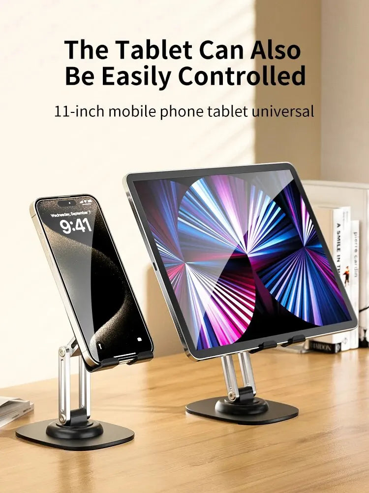 Suporte multifuncional dobrável e giratório 360° para celular, tablet e mesa.