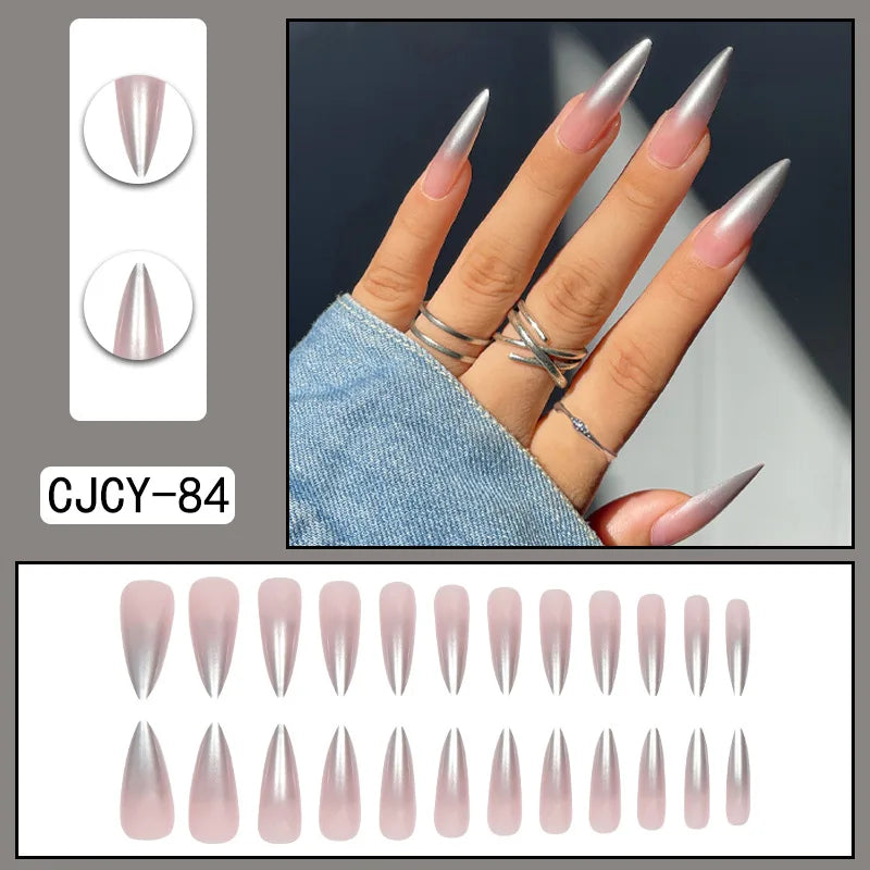 24 unhas finas em ABS para unhas compridas, 1 gel de gelatina, 1 lixa para unhas coloridas casuais para uso diário.