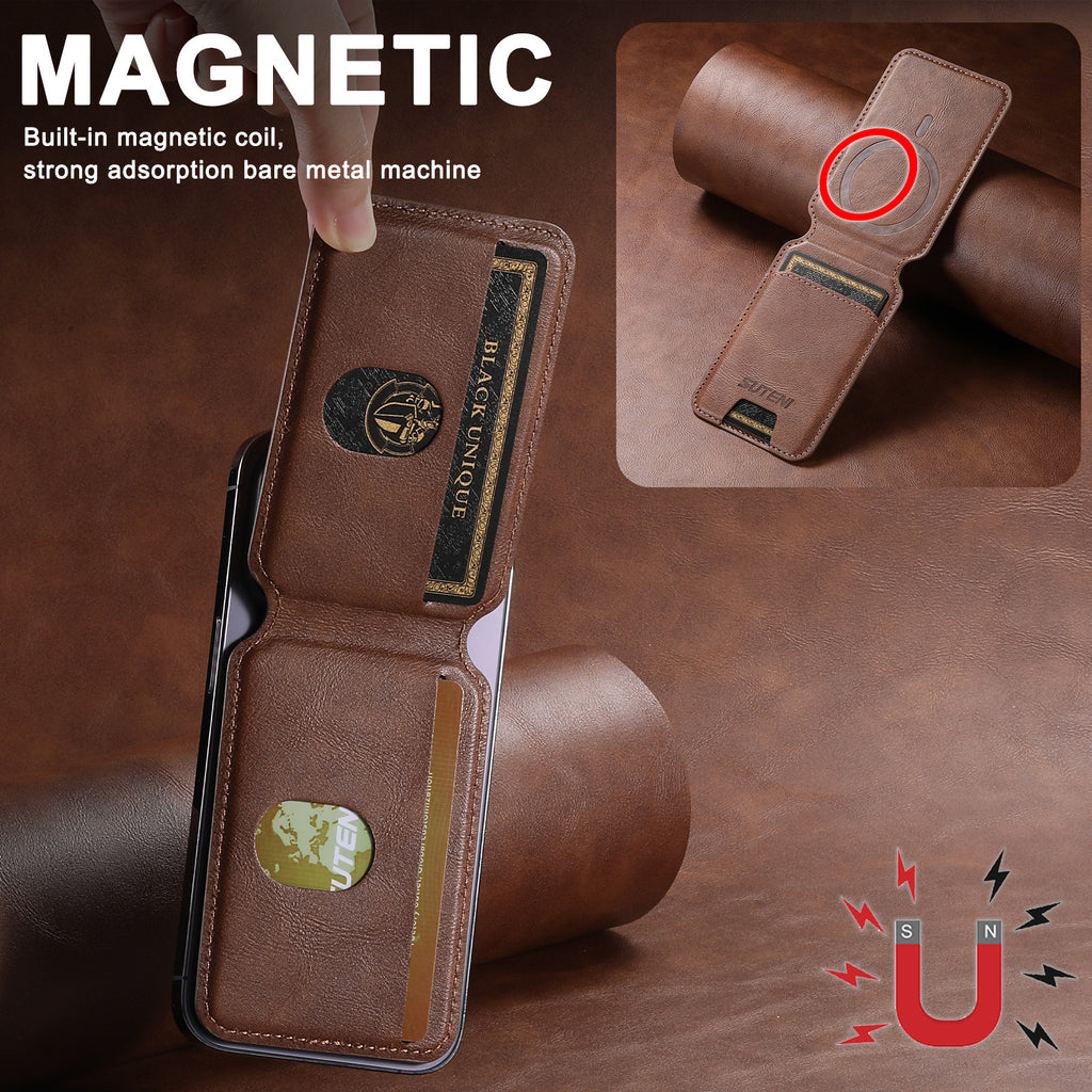Compatível com Apple 15 Pro Max, suporte magnético universal para celular Android, anel magnético MagSafe e couro PU.