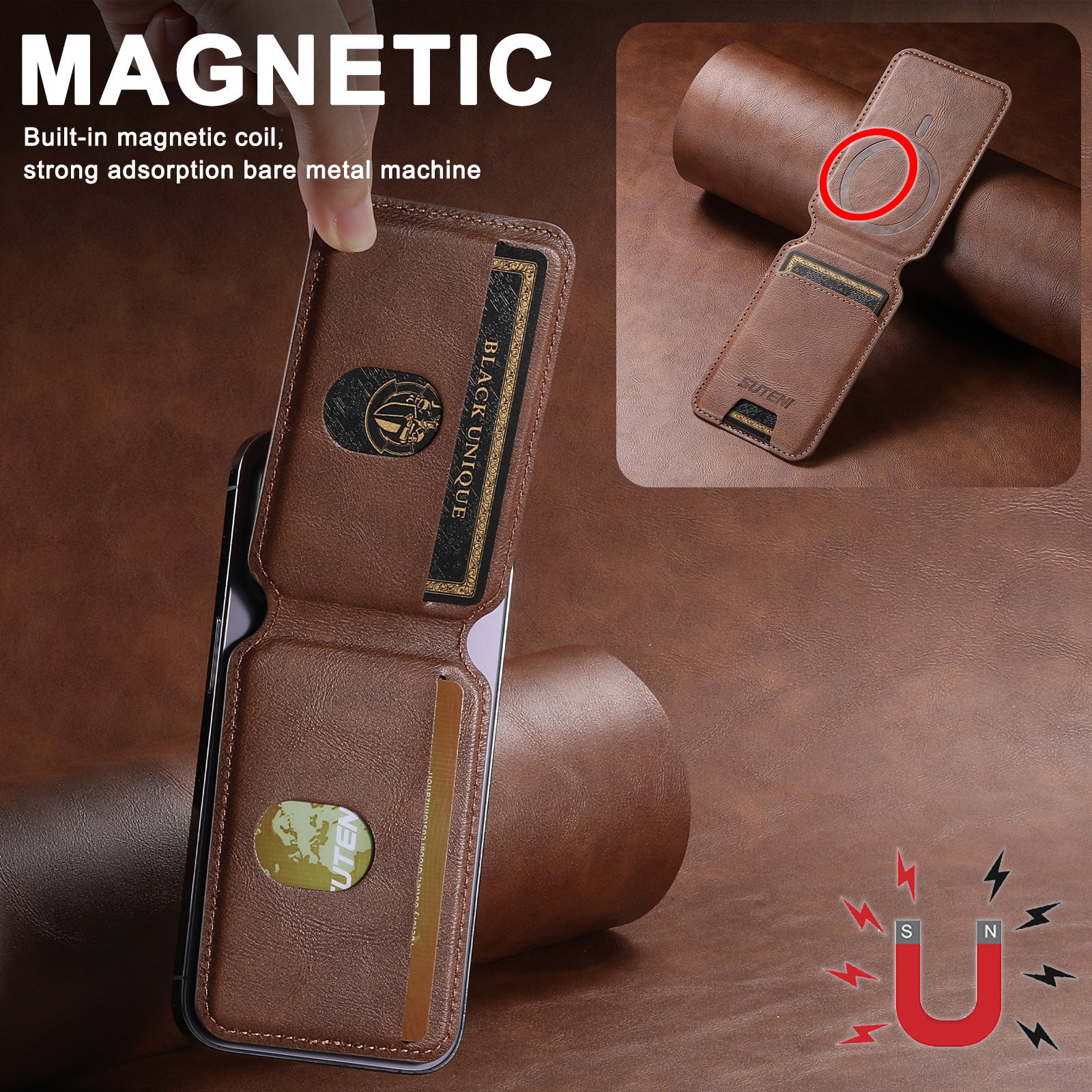 Compatível com Apple 15 Pro Max, suporte magnético universal para celular Android, anel magnético MagSafe e couro PU.