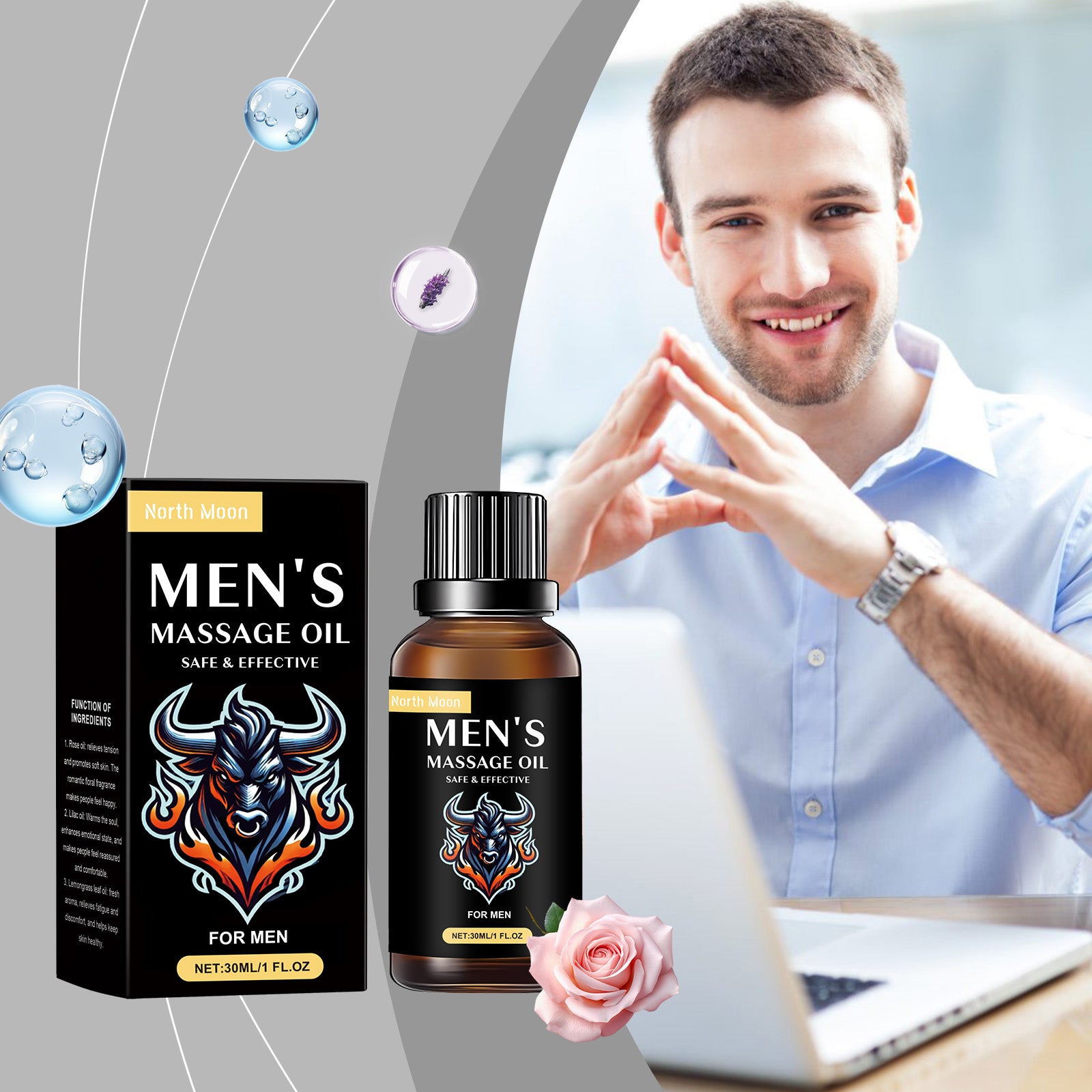 Óleo de Massagem Masculino North Moon, Hidratante Corporal Tópico para Cuidados com a Pele.