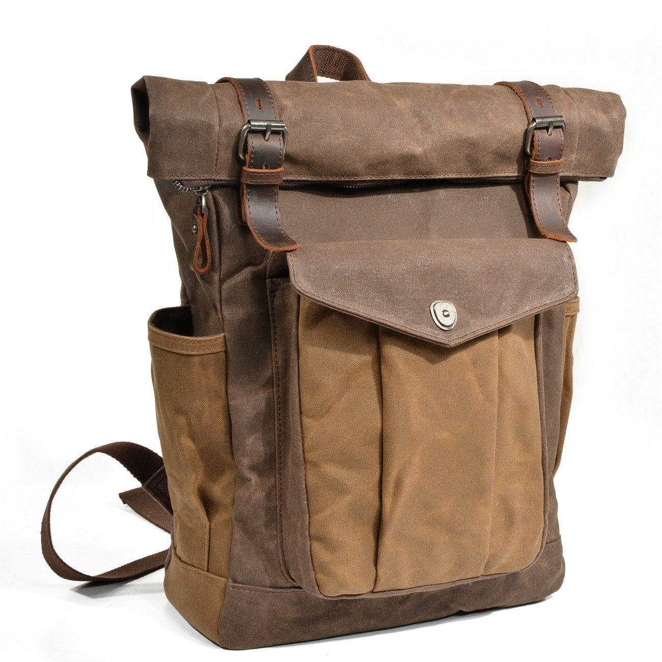 Mochila masculina de lona encerada, ideal para caminhadas ao ar livre, com grande capacidade, impermeável e para uso casual.