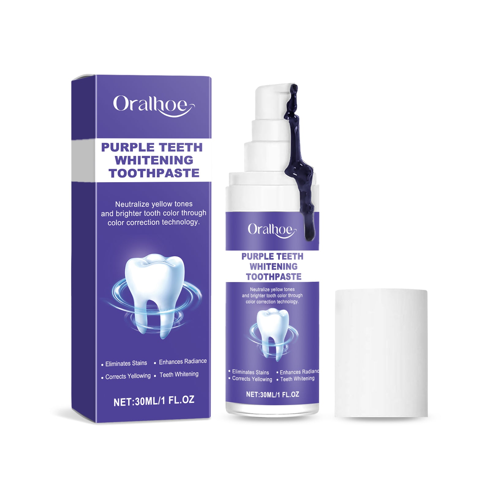 Creme dental Oralhoe Purple Brightening: Clareia, remove manchas, melhora a aparência dos dentes amarelados, proporciona limpeza suave e cuida da higiene bucal.
