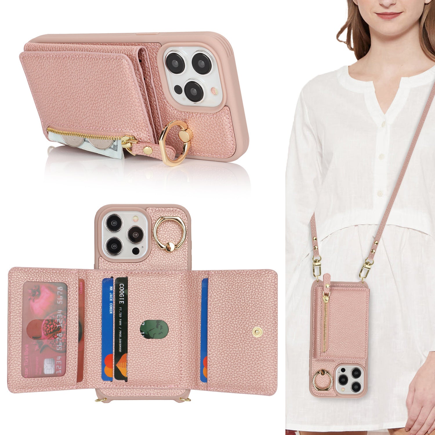 Capa protetora multifuncional com zíper, porta-moedas e compartimento diagonal para iPhone 17 e 14 Pro.