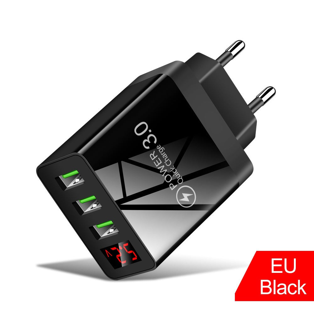 Carregador de celular com visor digital, 3 portas USB, carregamento rápido e várias portas USB.