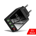 Carregador de celular com visor digital, 3 portas USB, carregamento rápido e várias portas USB.