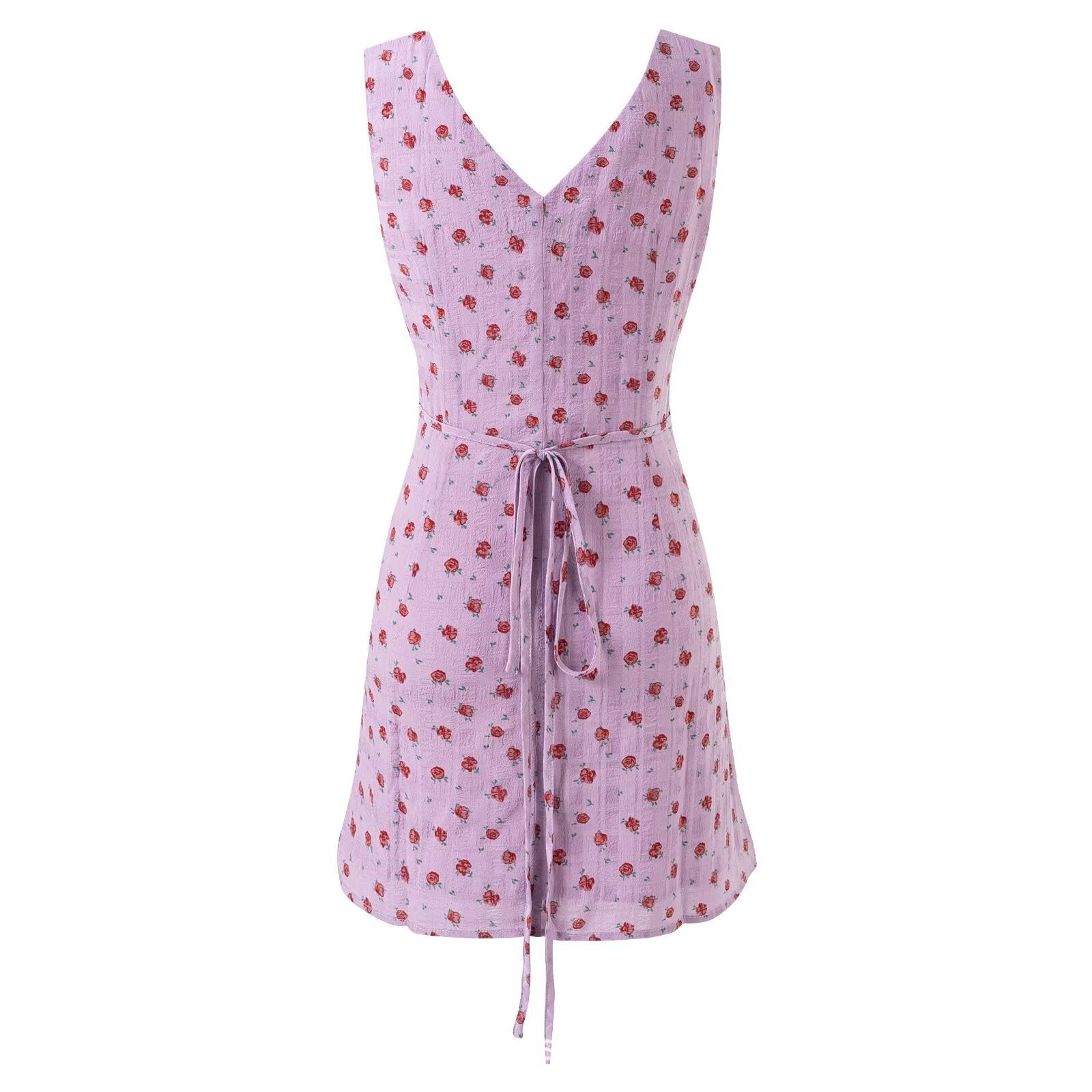 Vestido floral vintage sem mangas com decote em V e modelagem justa.