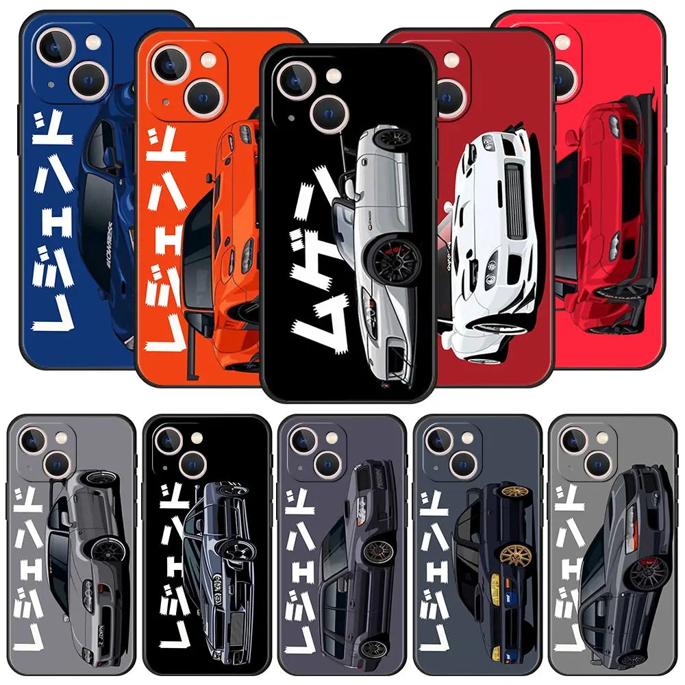 Capa de luxo para iPhone 11 12 13 15 14 Pro Max X XR XS 7 8 Plus SE 2020, preta, macia, inspirada em carros esportivos JDM Tokyo Drift.