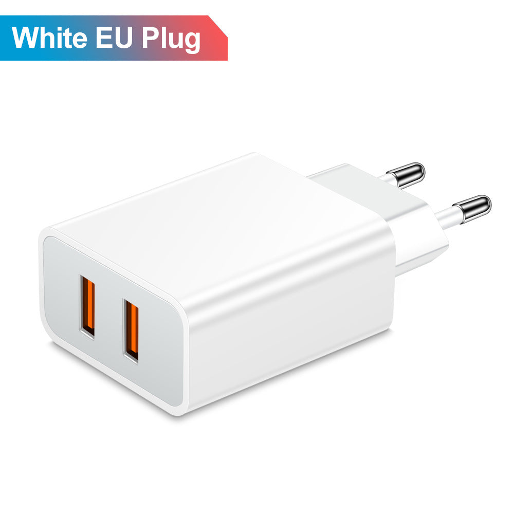 Carregador de celular USB duplo QC3.0 com adaptador de carregamento de 2,4 A e adaptador de viagem.