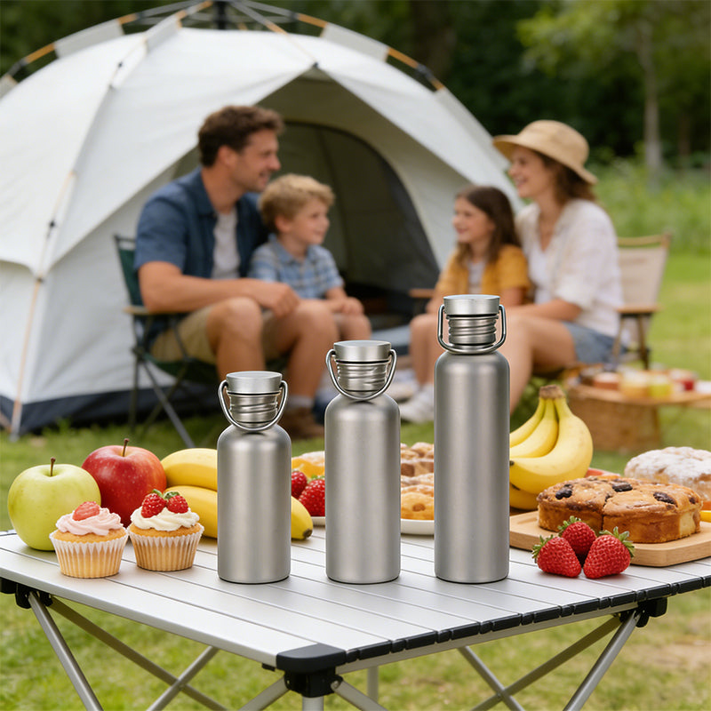 Garrafa de água de titânio puro, leve, com parede simples e boca larga, ideal para esportes, camping e viagens.