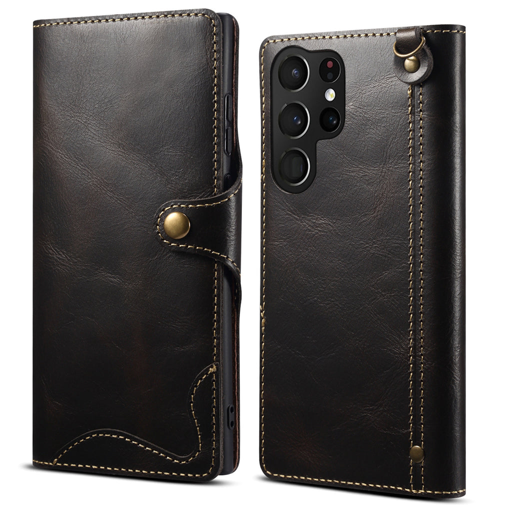 Capa retrô de couro para Samsung S22, S24 Ultra, capa flip para celular S10+, capa de couro com compartimento para cartão e cordão de transporte.