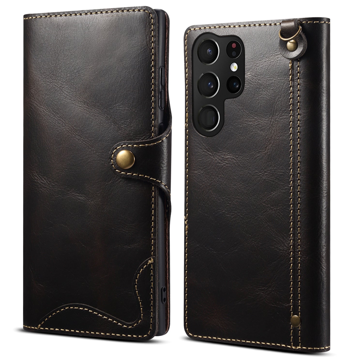 Capa retrô de couro para Samsung S22, S24 Ultra, capa flip para celular S10+, capa de couro com compartimento para cartão e cordão de transporte.