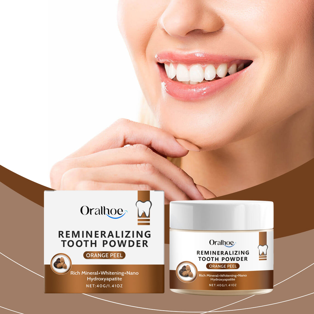 Pó dental Oralhoe Tangerine Peel: limpeza suave, remove manchas, hálito fresco, cuidado bucal e para um sorriso saudável.