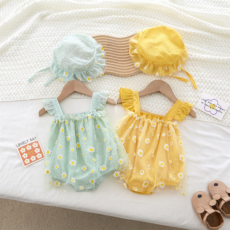 Body infantil fofo sem mangas, modelo halter triangular, para bebê menina, com estampa de crisântemo, estilo princesa.