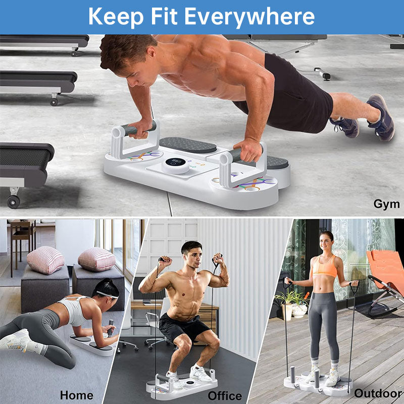 Banco de musculação multifuncional 6 em 1 para exercícios de peito, abdômen, braços e costas. Equipamento completo para treinamento de força.