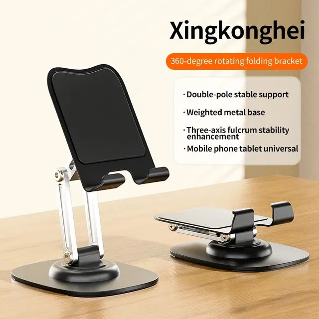 Suporte multifuncional dobrável e giratório 360° para celular, tablet e mesa.