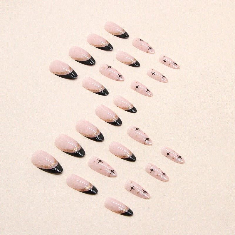 Unhas postiças francesas pretas, delicadas e modernas, com efeito amêndoa e pó dourado, estilo europeu e americano, removíveis.
