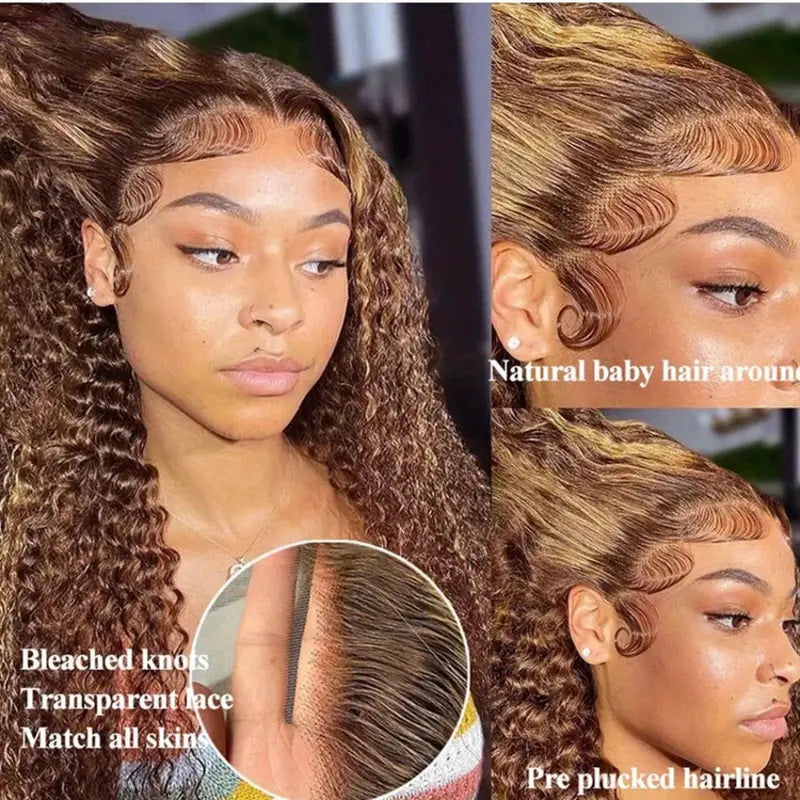 Peruca Lace Wigs 13x4 HD Transparente com Ondas de Água e Mechas Loiro Mel com Ondas de Água