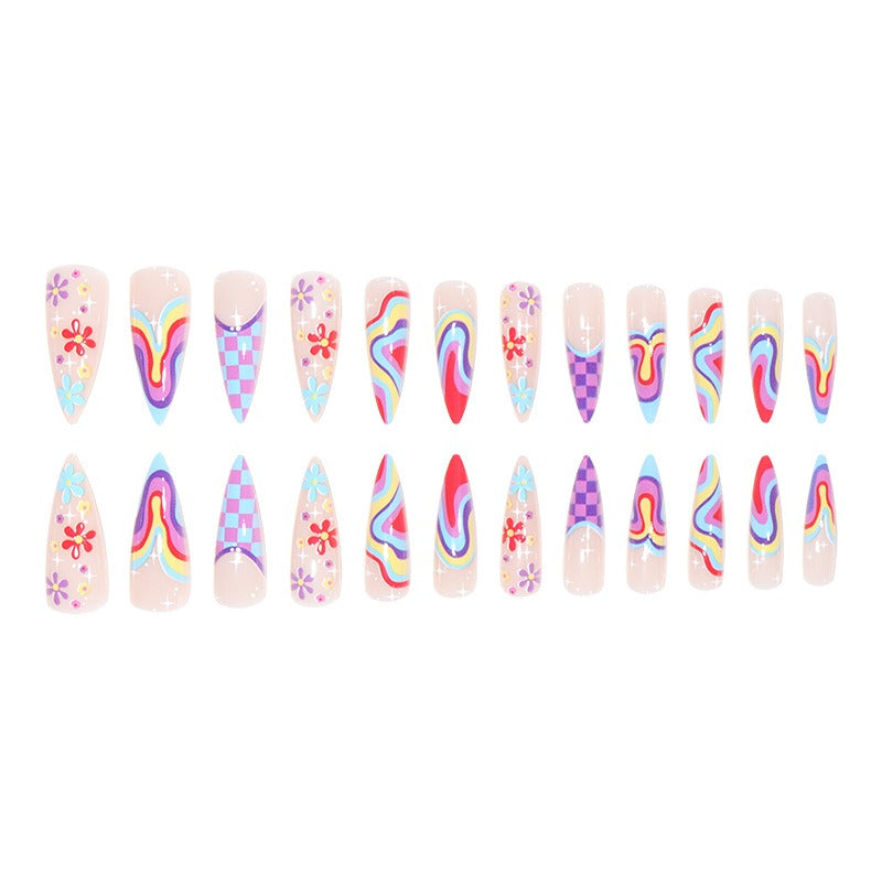 Unhas postiças europeias e americanas, multicoloridas, onduladas, com pequenas flores e estampa xadrez.