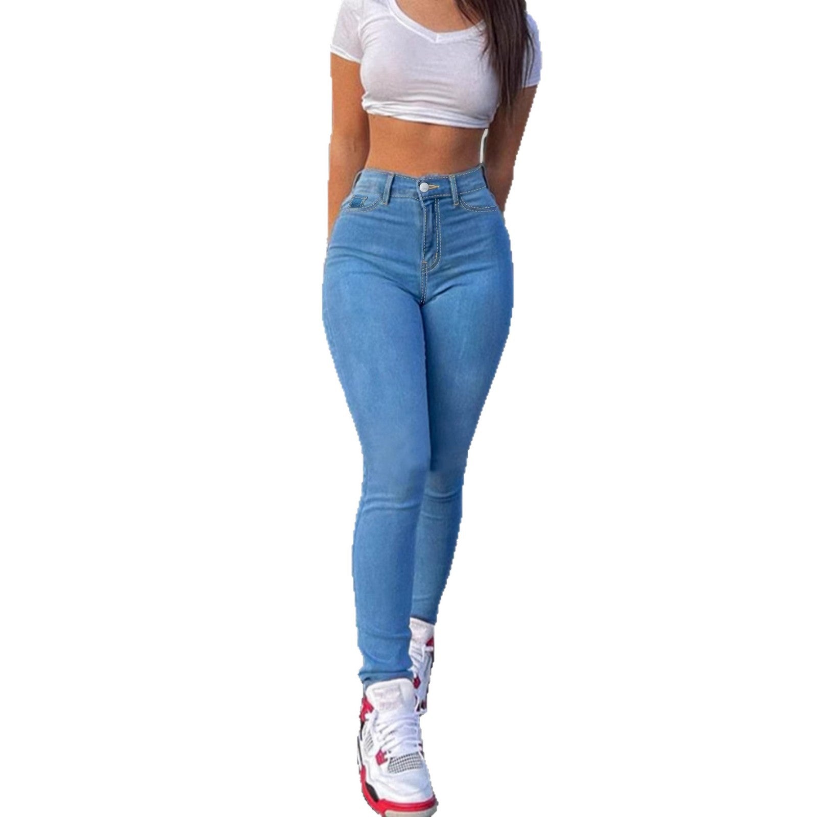 Calça jeans skinny azul claro, modelo lápis, com elástico, estilo casual.