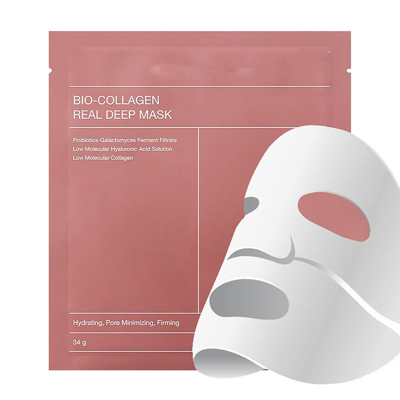Máscara facial de tecido com bio-colágeno, com efeito de colágeno que varia do branco ao transparente.