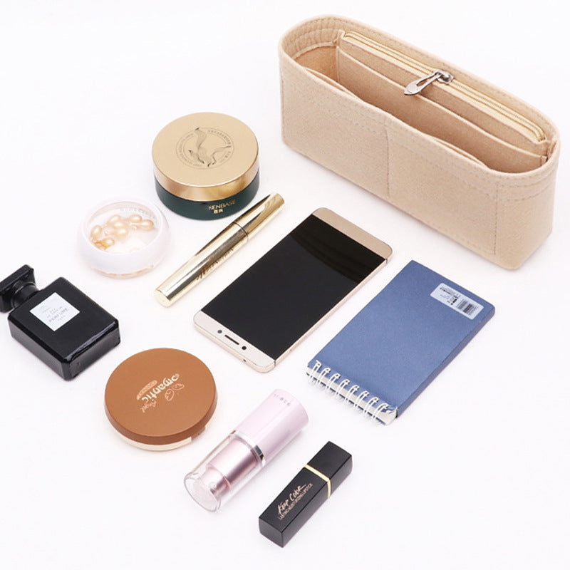Organizador de celular e cosméticos em cor sólida com compartimento interno de grande capacidade.