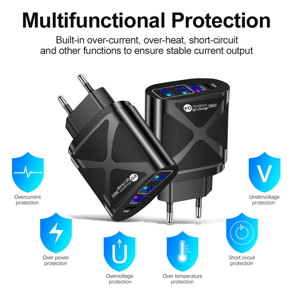 Carregador de celular com carregamento rápido USB duplo de 36 W PD+QC3.0 2.4 A