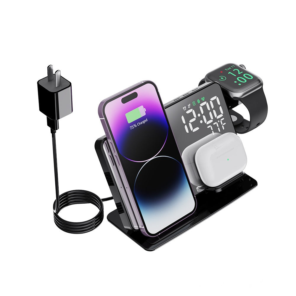 Relógio com carregamento sem fio 4 em 1 de 15 W, display digital LED, despertador, indicador de temperatura e carregamento sem fio.