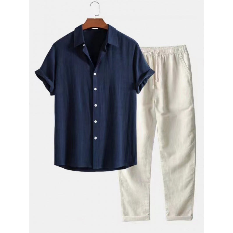 Conjunto de terno masculino slim fit em linho e algodão com gola alta