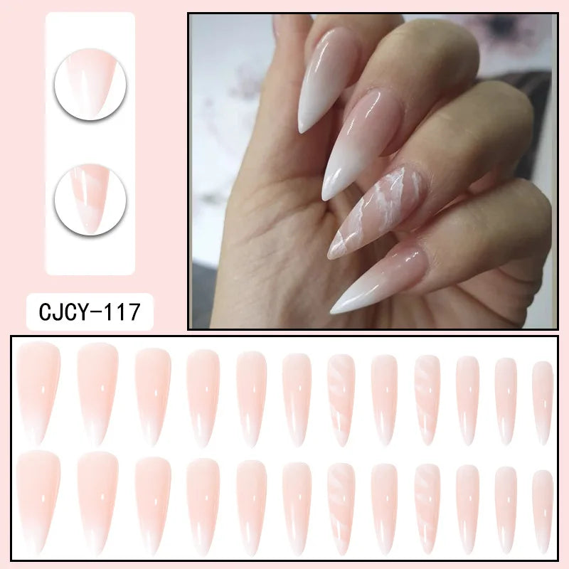 24 unhas finas em ABS para unhas compridas, 1 gel de gelatina, 1 lixa para unhas coloridas casuais para uso diário.