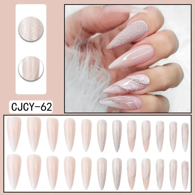 24 unhas finas em ABS para unhas compridas, 1 gel de gelatina, 1 lixa para unhas coloridas casuais para uso diário.
